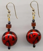 Red, Lentil Bead Earrings with Black Lines
